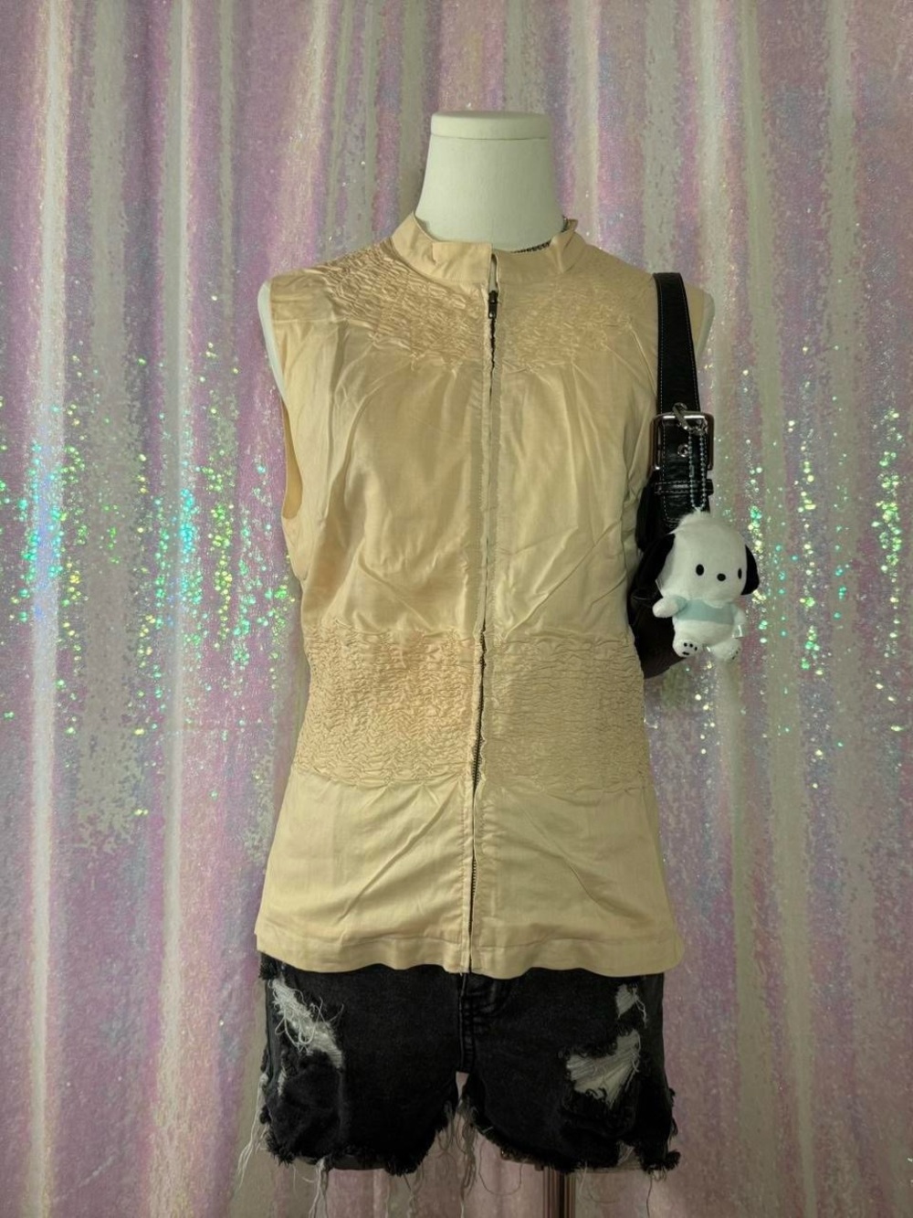 Sheri Bodell Cream / Yellow Zip-Up Sleeveless Vest Top ★彡